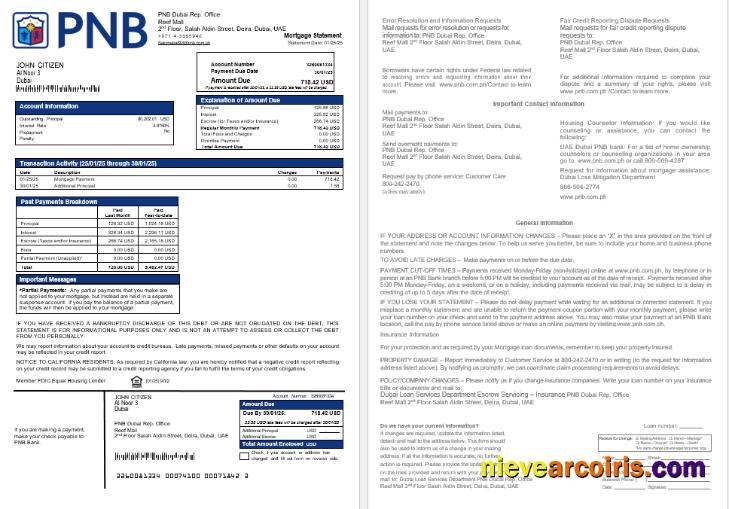 UAE Dubai PNB bank mortgage statement